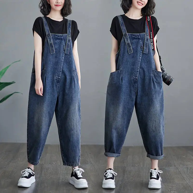 Chic Plus Size Denim Overalls - Korean Style, Dark Blue