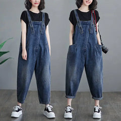 Chic Plus Size Denim Overalls - Korean Style, Dark Blue