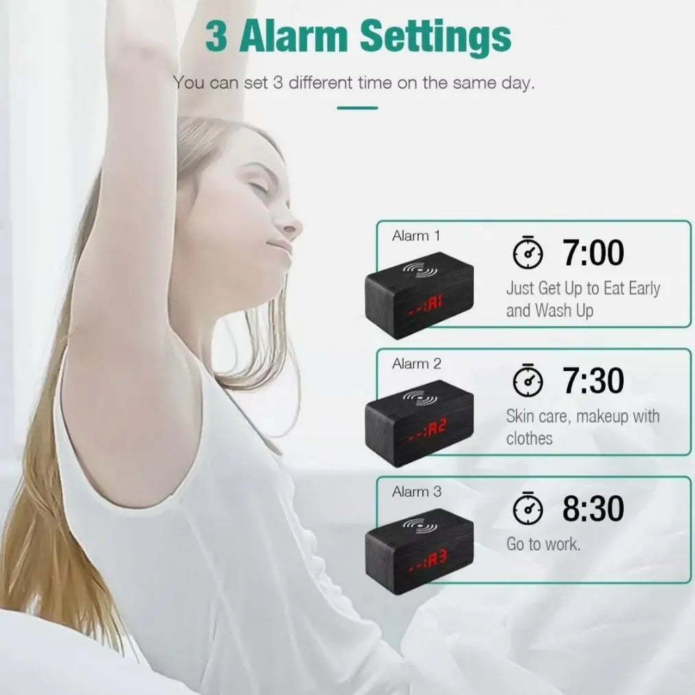 Wooden Digital Alarm Clock with Wireless Charger