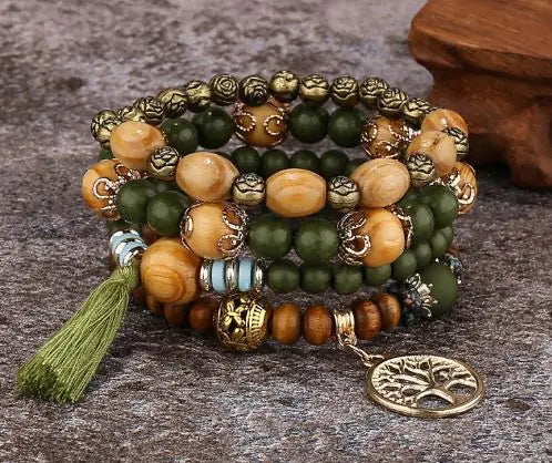 Multilayer Boho Bracelet with Tree of Life Pendant