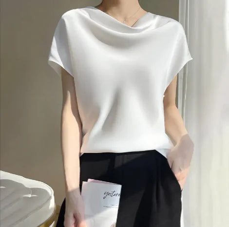 Smooth Silk Satin Short-Sleeve Blouse – Elegance & Comfort
