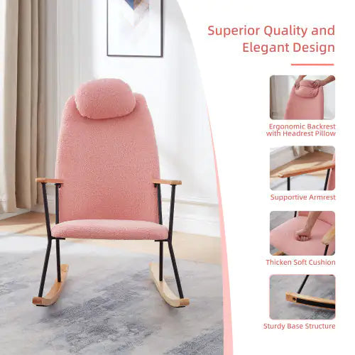 Elegant Pink Rocking Chair - Teddy Fabric, High Back & Adjustable Headrest
