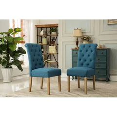 Blue Tufted Parsons Dining Chairs, Solid Wood, Set of 2