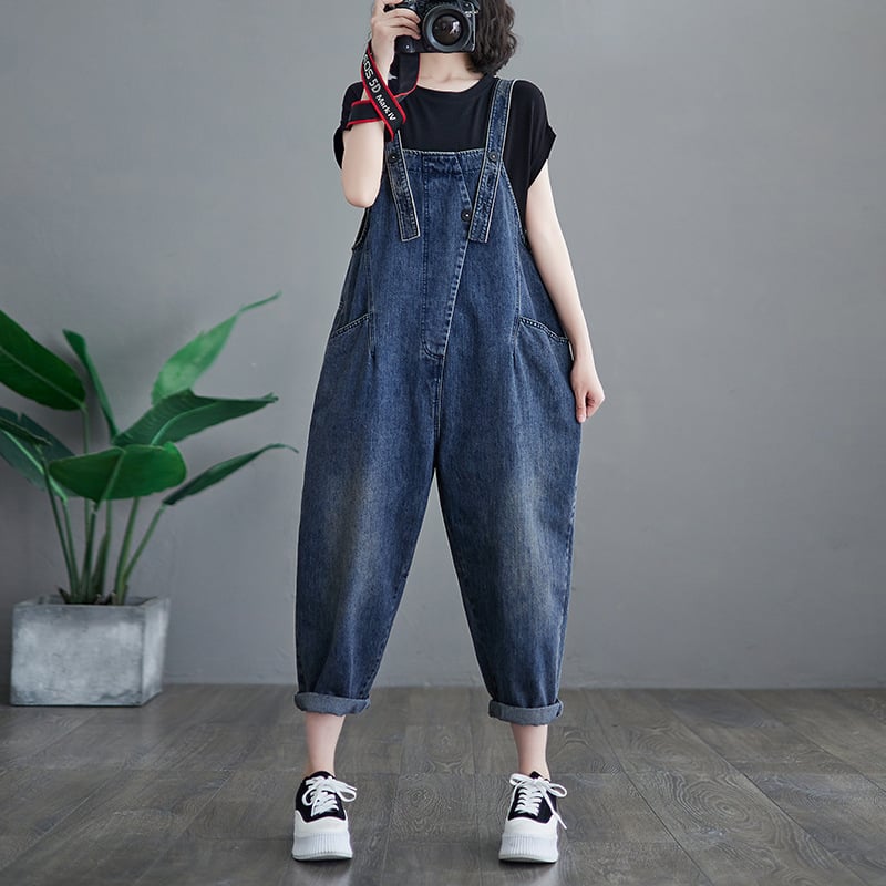 Chic Plus Size Denim Overalls - Korean Style, Dark Blue