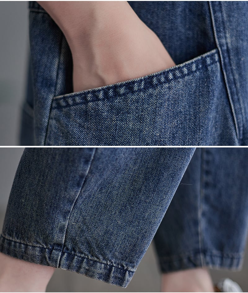 Chic Plus Size Denim Overalls - Korean Style, Dark Blue