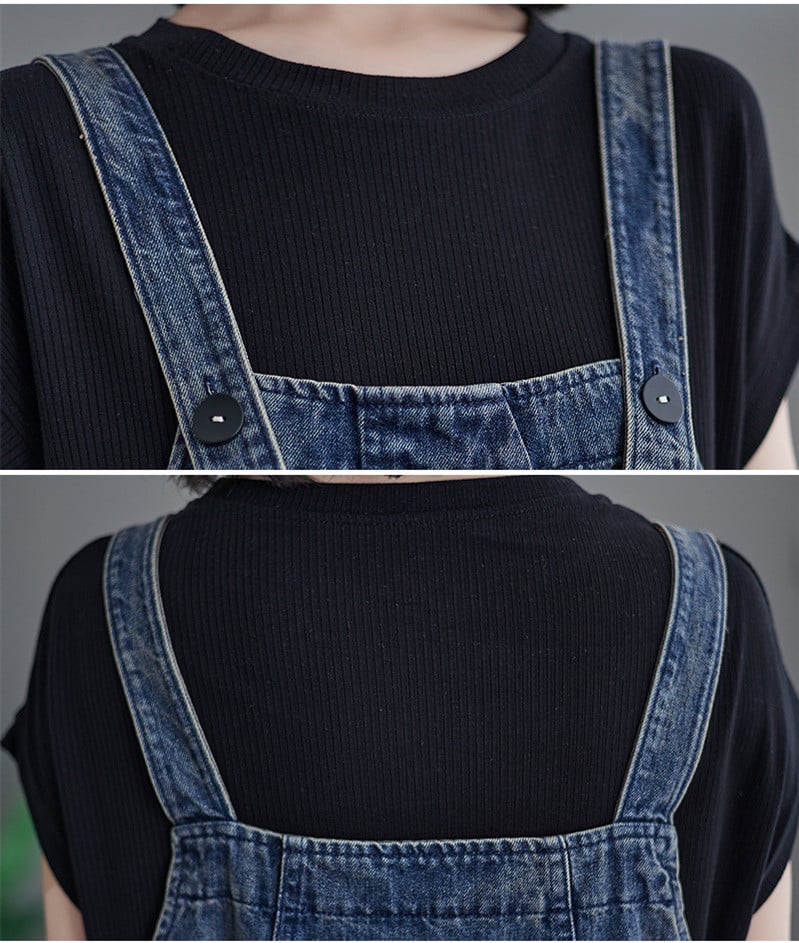 Chic Plus Size Denim Overalls - Korean Style, Dark Blue