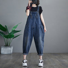 Chic Plus Size Denim Overalls - Korean Style, Dark Blue