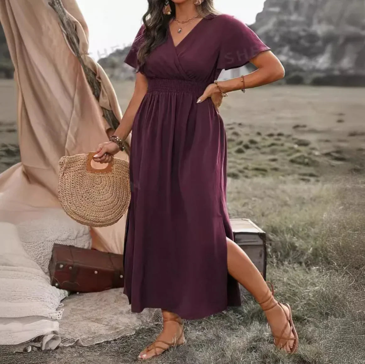 Elegant V-Neck Bell Sleeve Dress with Side Slit