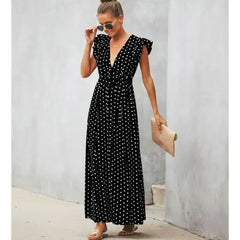 Chic Polka Dot V-Neck Dress with Petal Sleeves