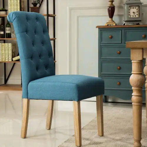 Blue Tufted Parsons Dining Chairs, Solid Wood, Set of 2