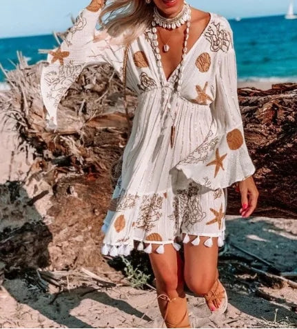 Bohemian Long Sleeve V-Neck Dress - Elegant & Playful