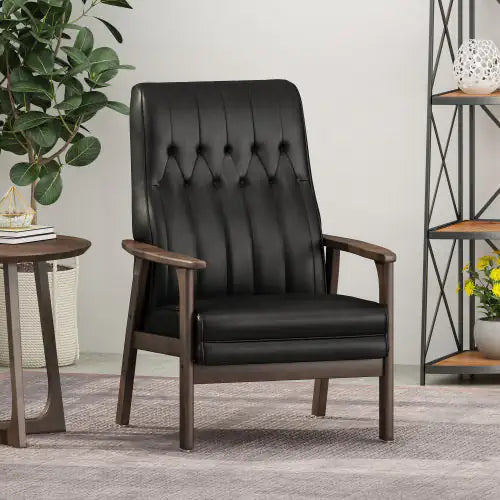 Mid-Century Modern Accent Chair, Matte Black Faux Leather