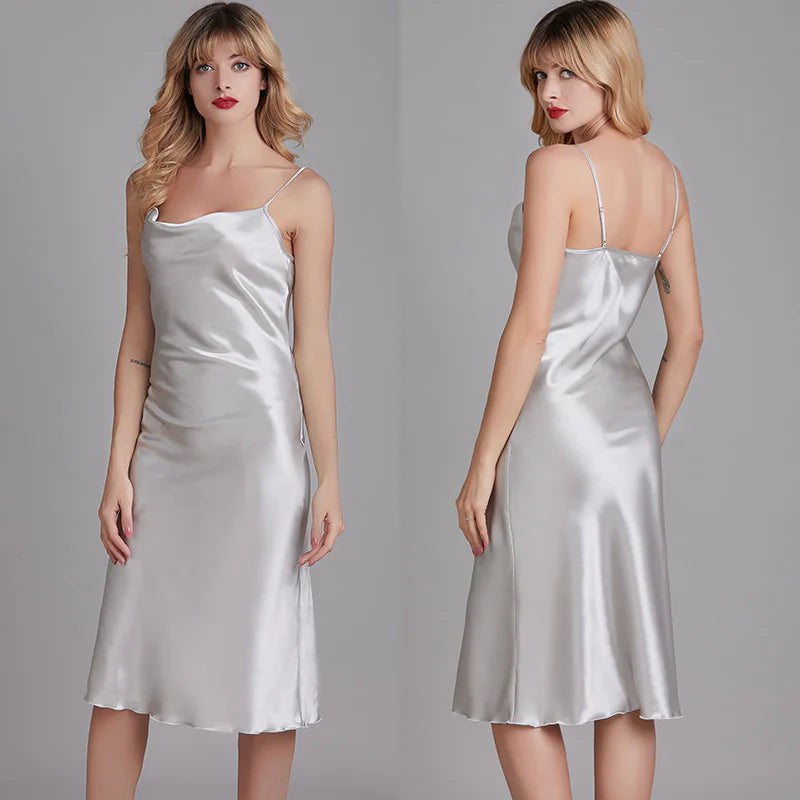 Elegant Cowl Neck Satin Midi Dress - Sleeveless