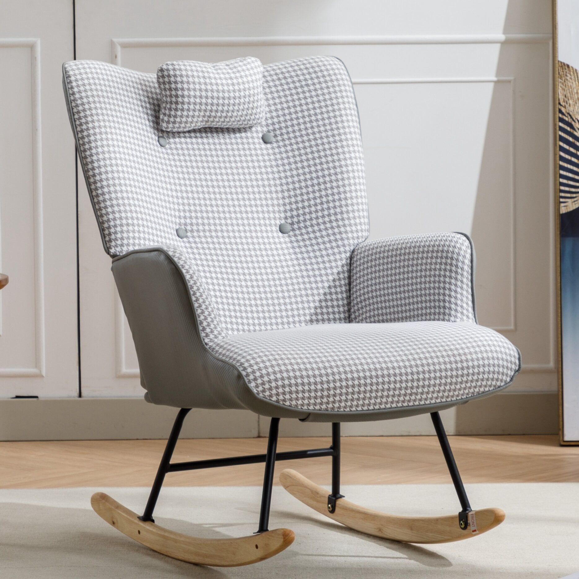 Elegant Houndstooth Fabric Rocking Chair for Nursery and Living Spaces