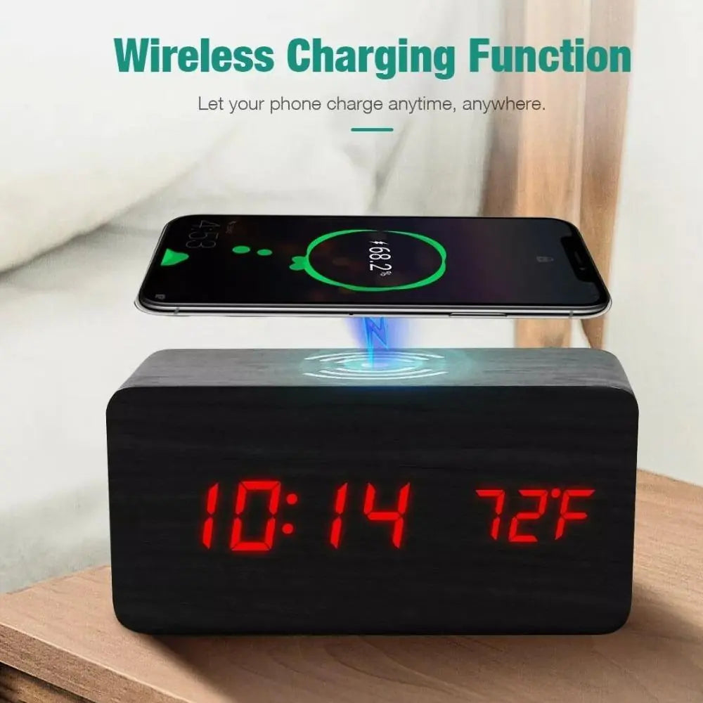 Wooden Digital Alarm Clock with Wireless Charger
