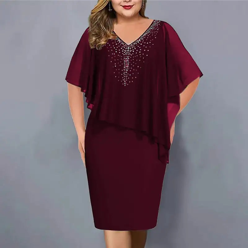Plus-Size Chiffon V-neck Dress with Rhinestones