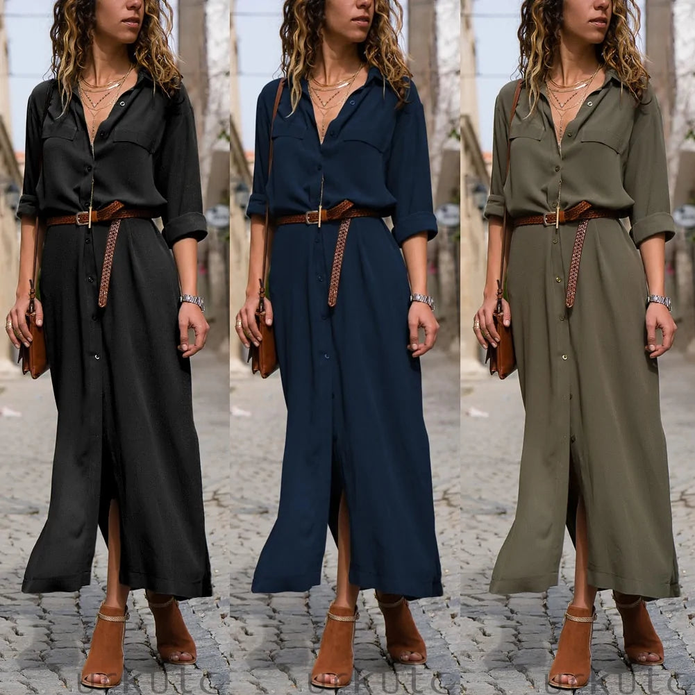 Elegant V-Neck Maxi Beach Dress - Solid Color Selection