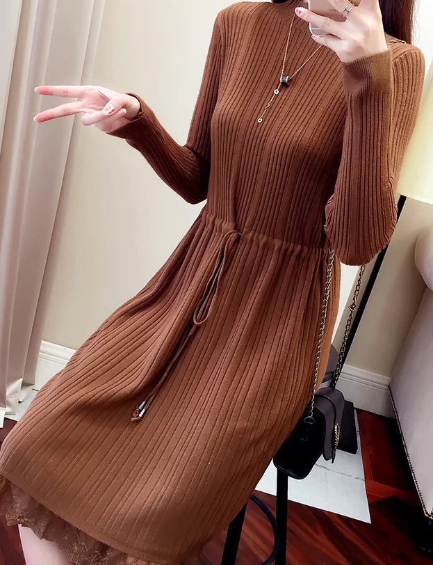 Elegant Knit Sweater Dress with Ruffle Details