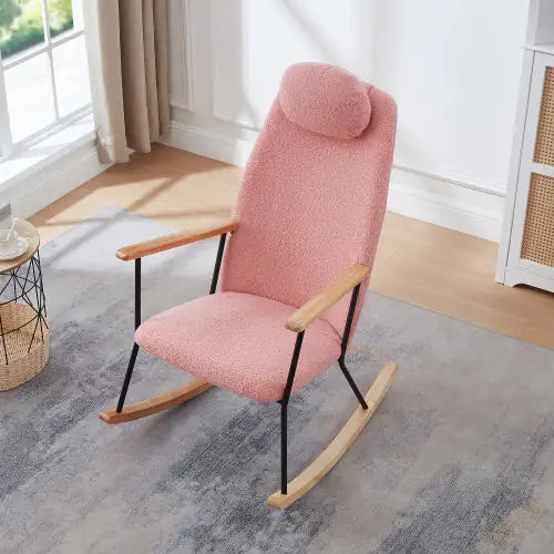 Elegant Pink Rocking Chair - Teddy Fabric, High Back & Adjustable Headrest