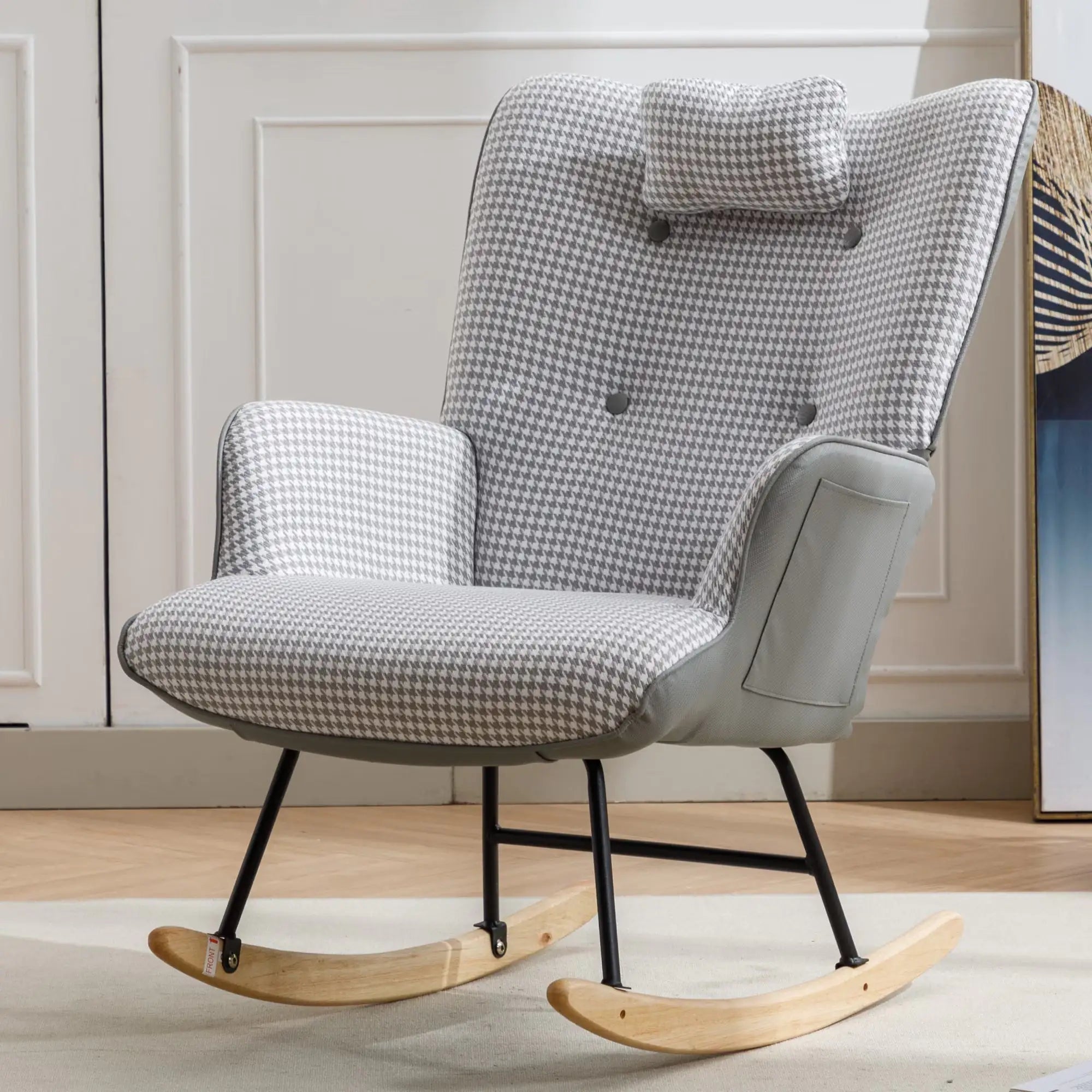 Elegant Houndstooth Fabric Rocking Chair for Nursery and Living Spaces