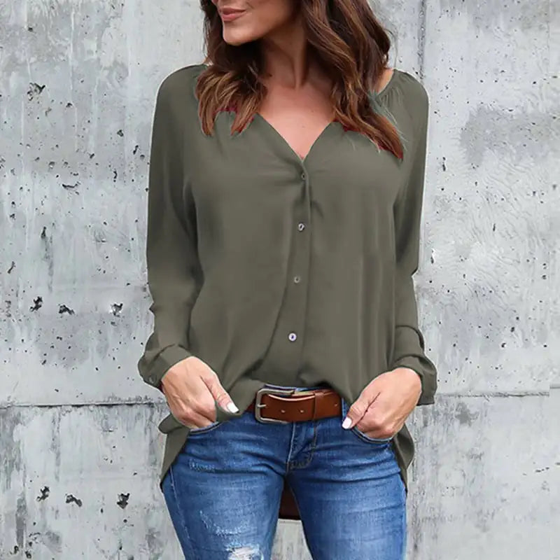 Chic V-Neck Chiffon Blouse with Button Detail