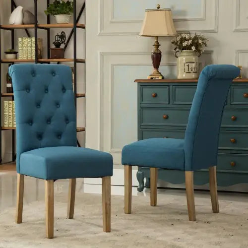 Blue Tufted Parsons Dining Chairs, Solid Wood, Set of 2