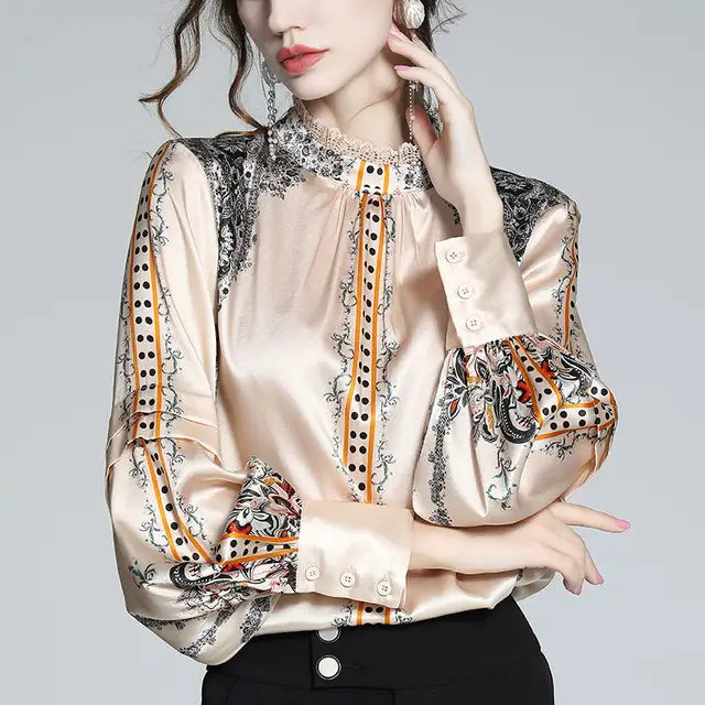 Elegant Women’s Satin Blouse with Artistic Prints