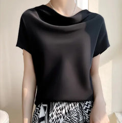 Smooth Silk Satin Short-Sleeve Blouse – Elegance & Comfort