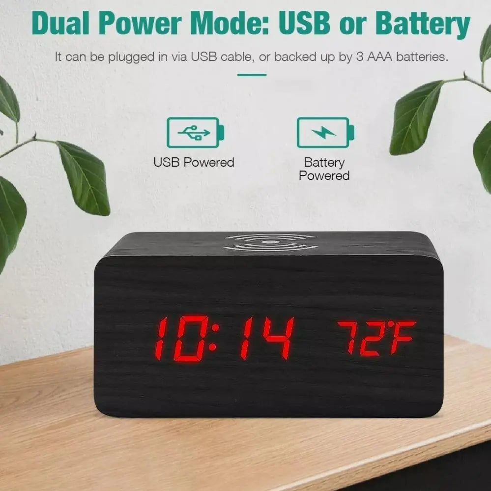 Wooden Digital Alarm Clock with Wireless Charger