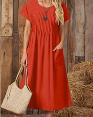 Elegant O-Neck Mid-Calf Dress  - Short Sleeve, Solid Color