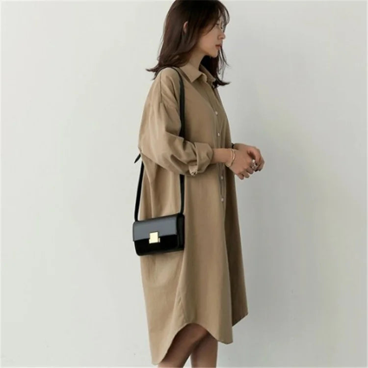 Casual Loose Mid-Length Shirt, Korean Style, Long Sleeve