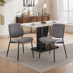 Set of 2 Retro Linen Dining Chairs with Bentwood Back & Metal Legs