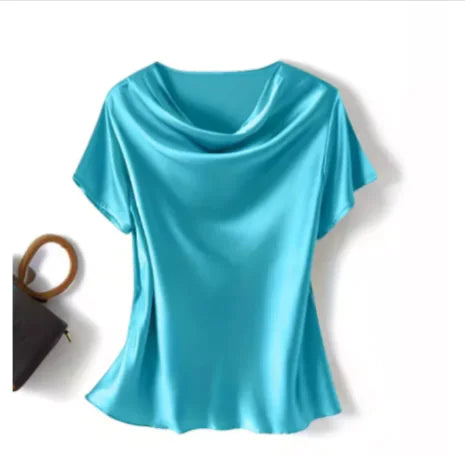 Smooth Silk Satin Short-Sleeve Blouse – Elegance & Comfort