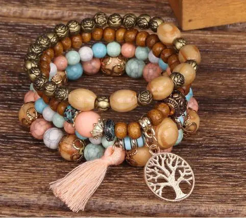 Multilayer Boho Bracelet with Tree of Life Pendant