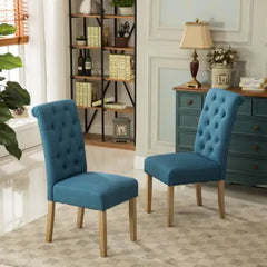 Blue Tufted Parsons Dining Chairs, Solid Wood, Set of 2