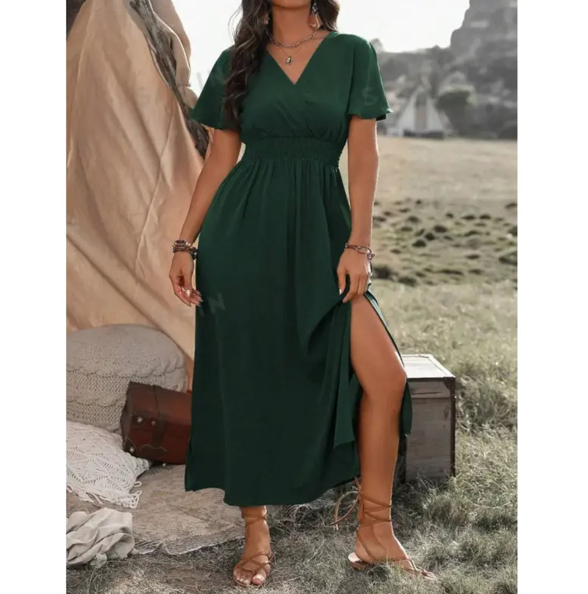 Elegant V-Neck Bell Sleeve Dress with Side Slit