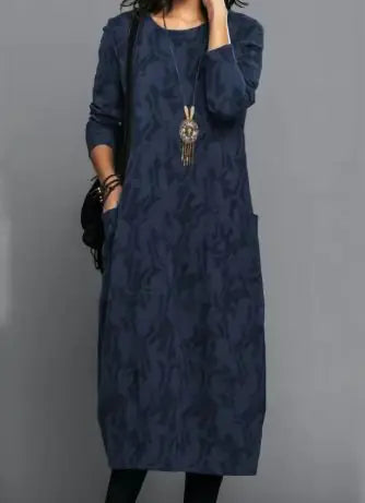 Vintage-Inspired A-Line Midi Dress with Crew Neck