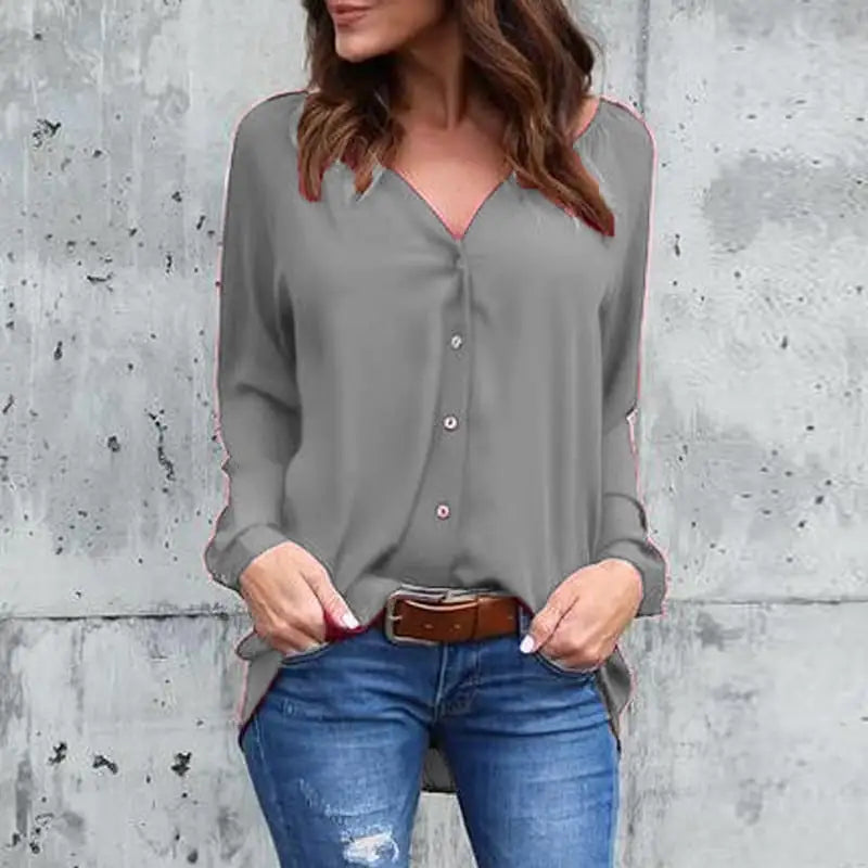 Chic V-Neck Chiffon Blouse with Button Detail