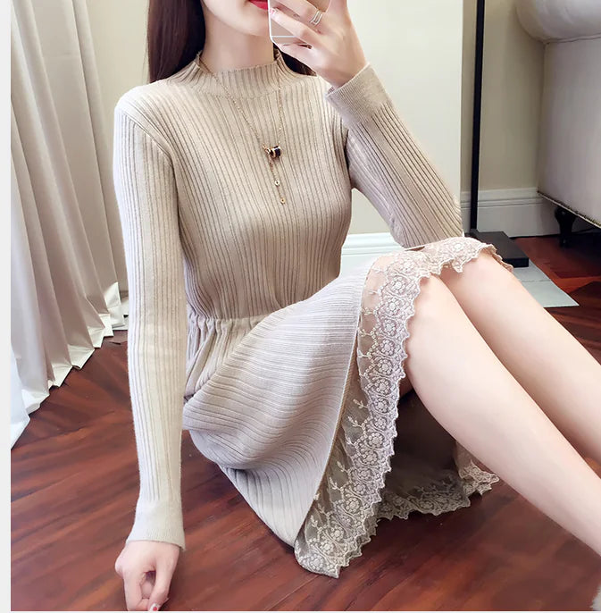 Elegant Knit Sweater Dress with Ruffle Details