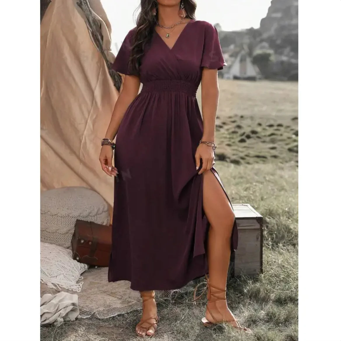Elegant V-Neck Bell Sleeve Dress with Side Slit