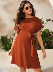 Elegant Maternity Dress with Batwing Sleeves & Girdle