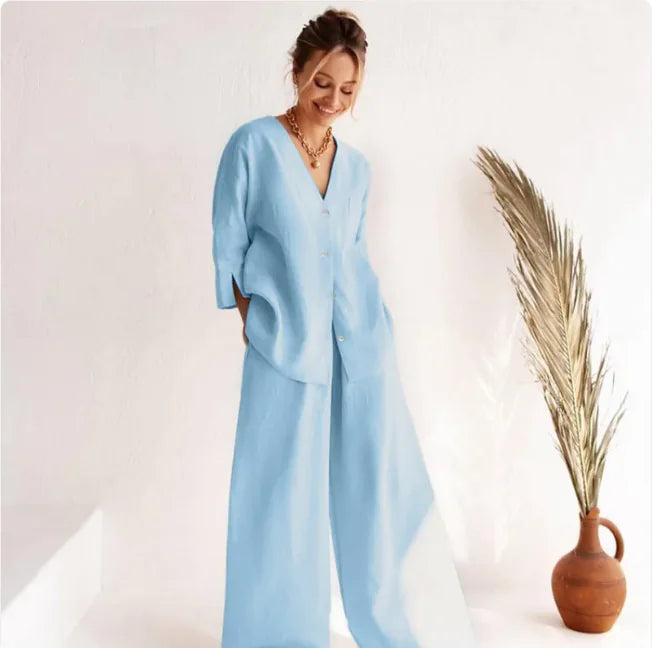 Elegant Cotton-Linen Long-Sleeve Pajama Set - Relaxed Fit