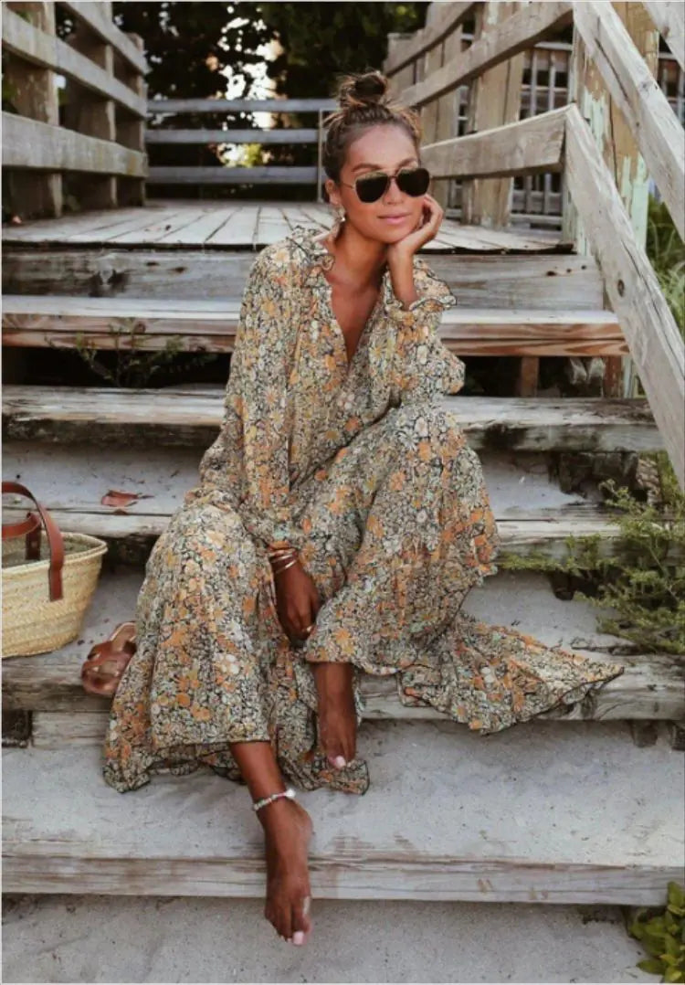 Spring Bohemian Oversized Long Dress - Flowy, Vibrant Style