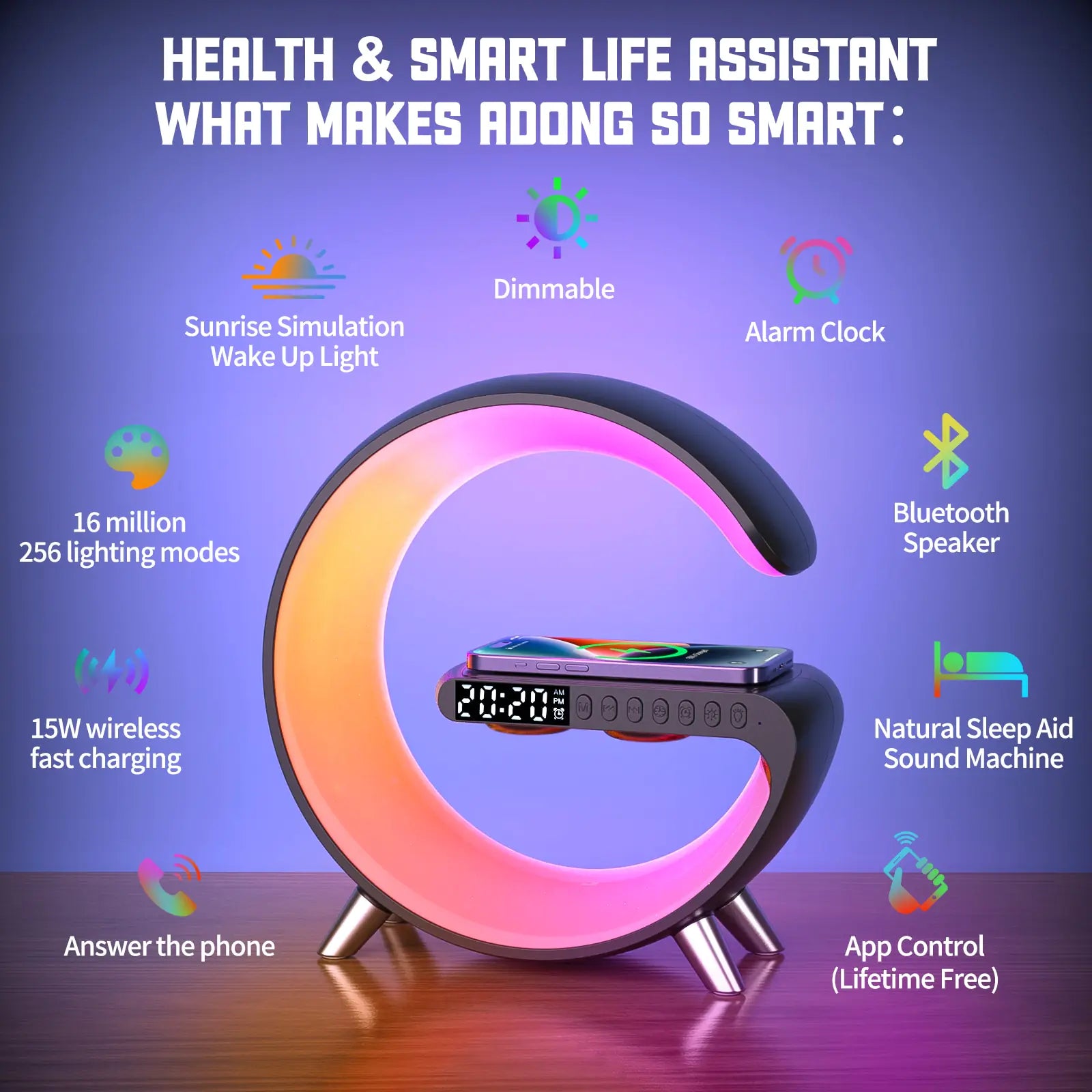 Multifunctional Wireless Charger & Alarm Clock with Bluetooth Speaker