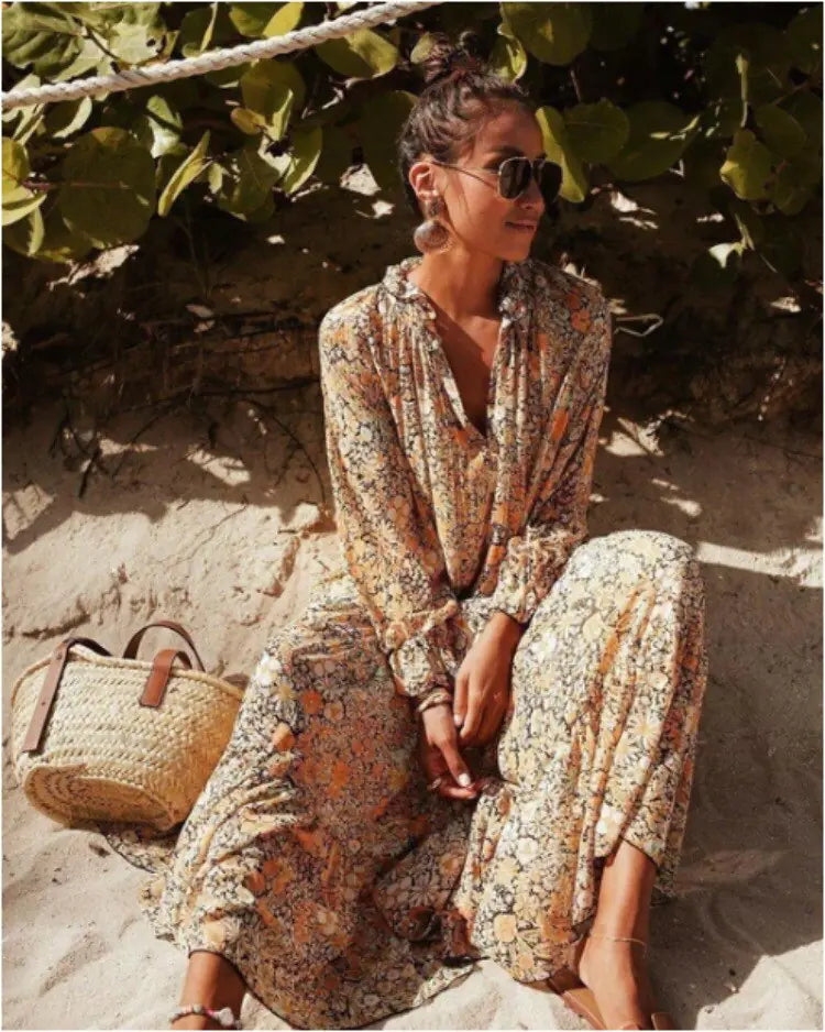 Spring Bohemian Oversized Long Dress - Flowy, Vibrant Style