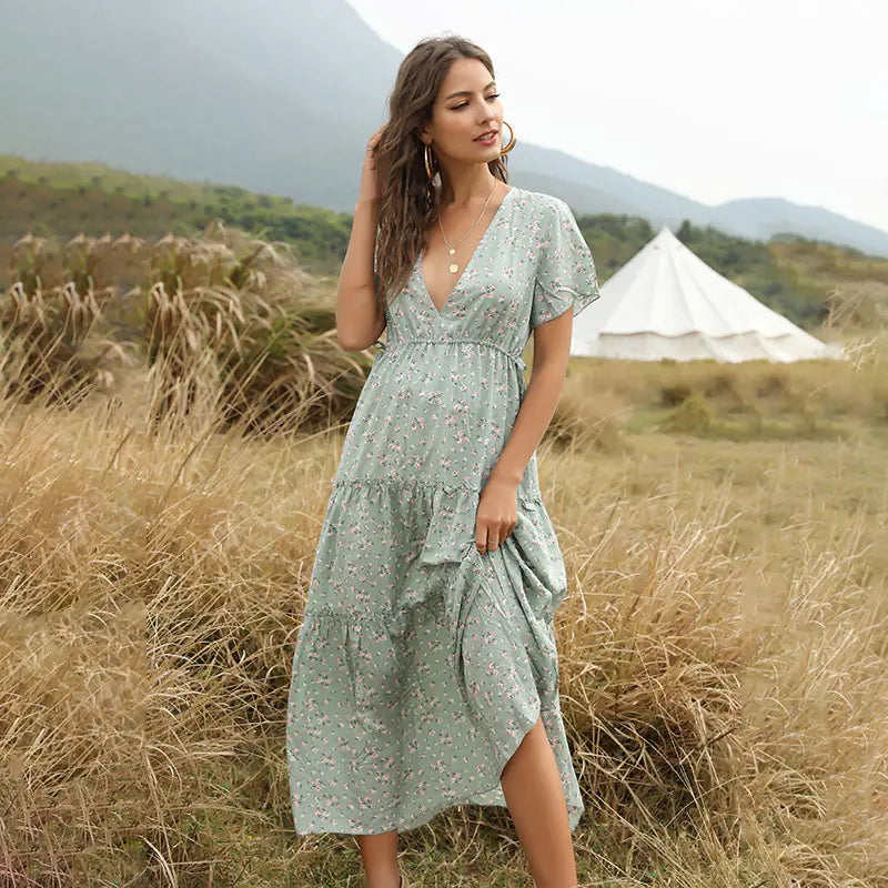 Bohemian Ruffled V-Neck Floral Maxi Dress