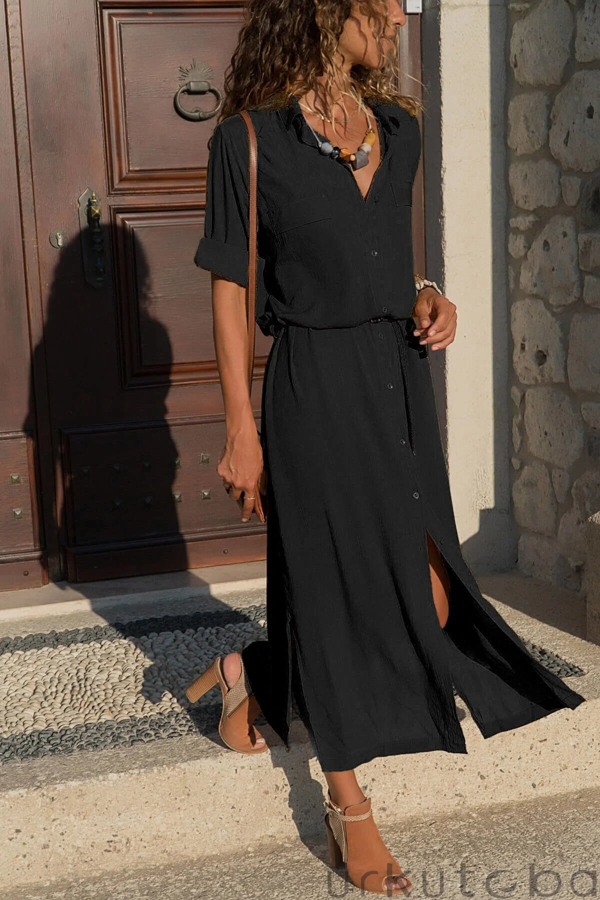 Elegant V-Neck Maxi Beach Dress - Solid Color Selection