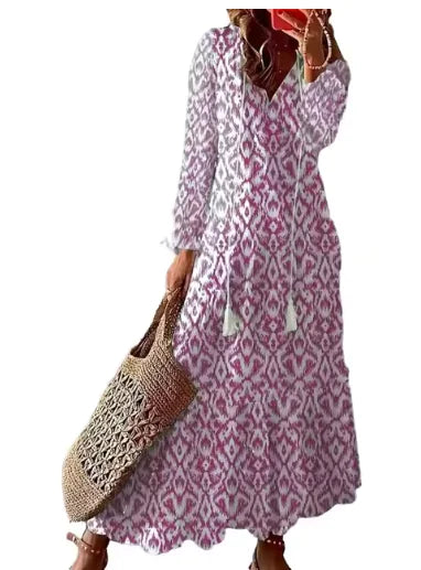 Chic Bohemian V-Neck Midi Dress with Three-Quarter Sleeves