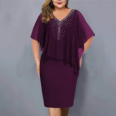 Plus-Size Chiffon V-neck Dress with Rhinestones