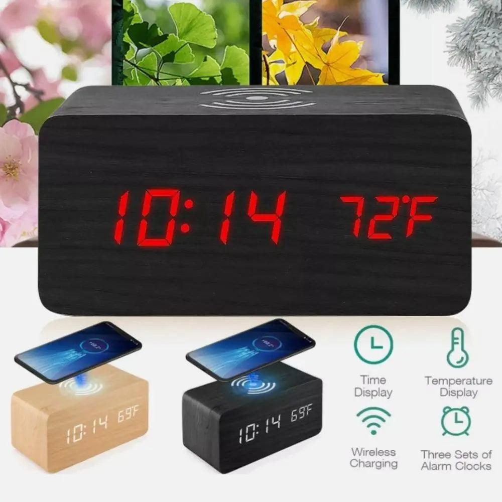 Wooden Digital Alarm Clock with Wireless Charger